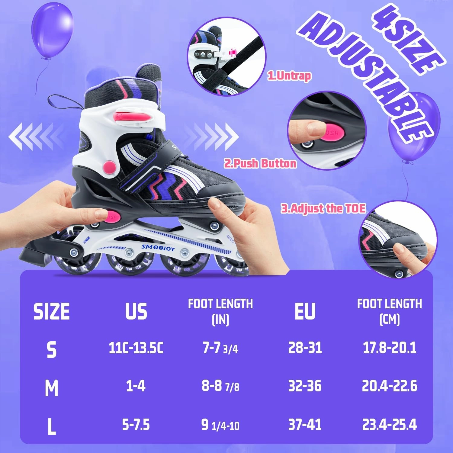 Inline Skates for Kids 4 Size Adjustable Light-Up Wheels Aluminum Frame Black Rose Red Blade Skate for Boys and Girls S, M, L Sizes, Ages 5-8, 6-12, for Beginners Indoors and Outdoors