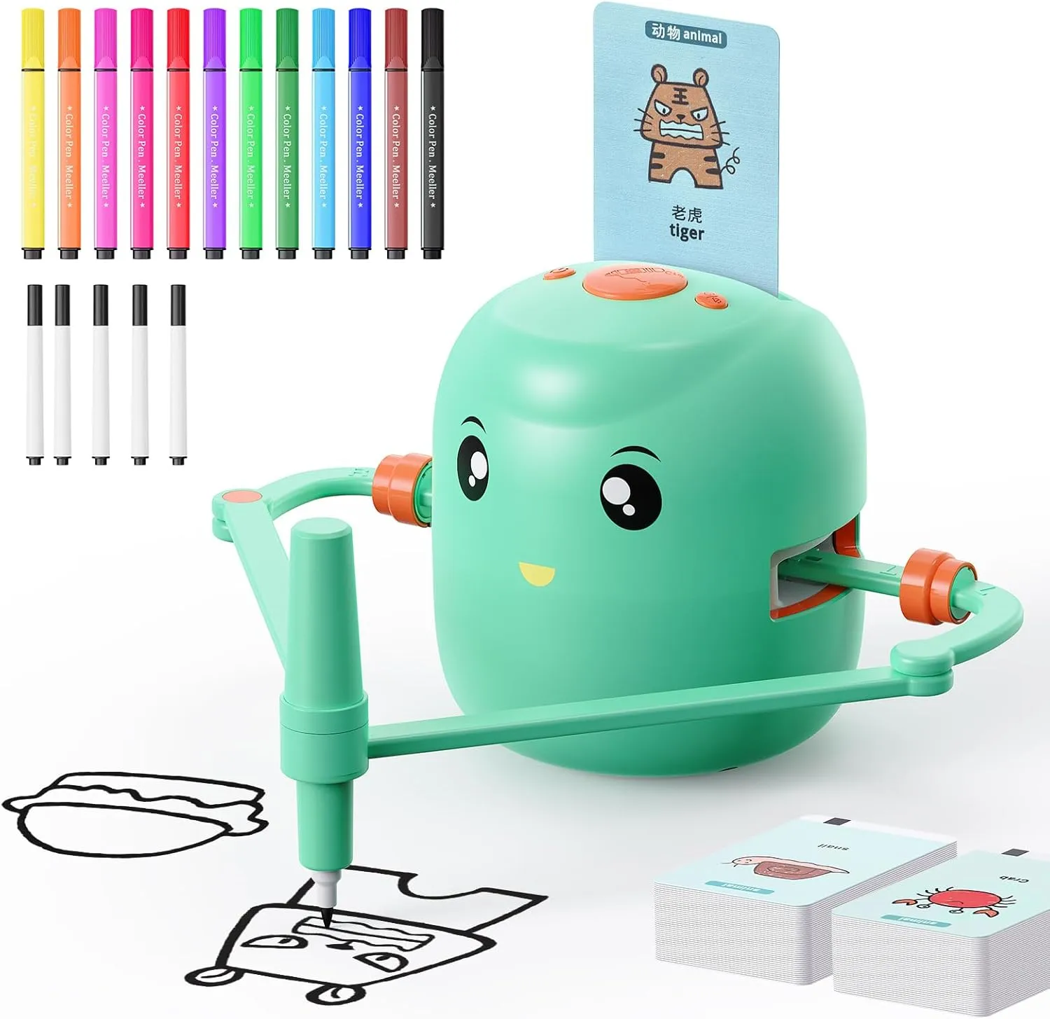 Interactive Educational Drawing Robot for Kids - Montessori Learning Toy with 100 Word Cards, Voice Interaction, Ages 5  (Green)