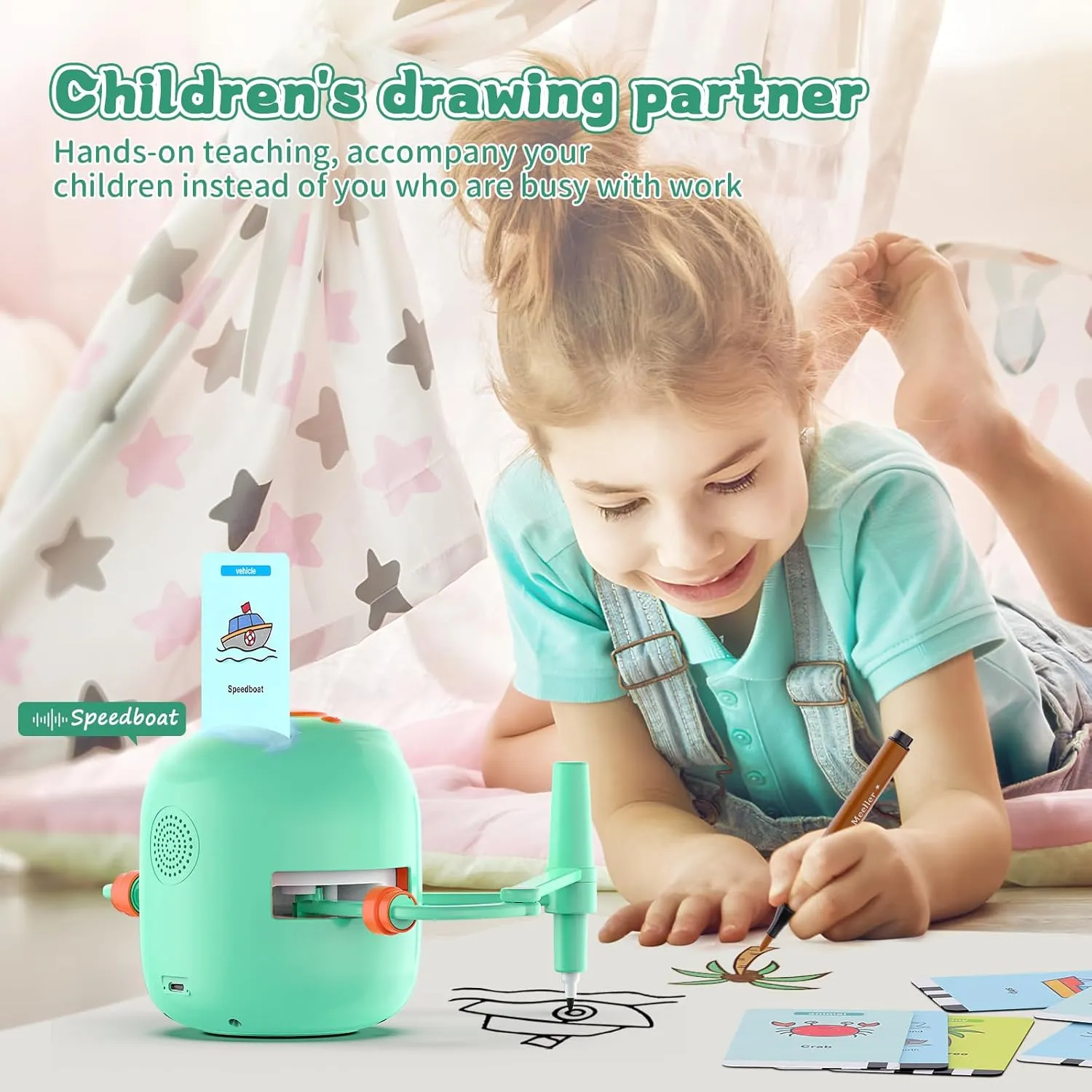 Interactive Educational Drawing Robot for Kids - Montessori Learning Toy with 100 Word Cards, Voice Interaction, Ages 5  (Green)