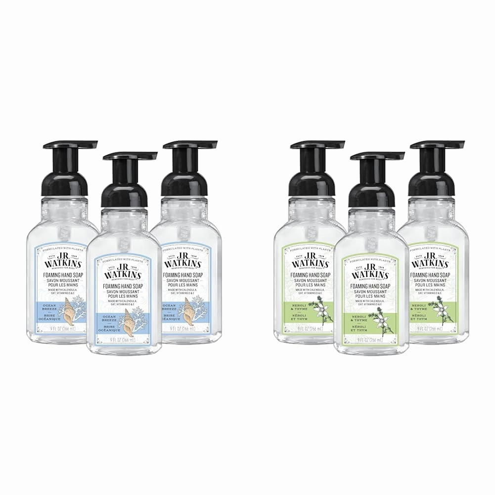 J.R. Watkins Foaming Hand Soap, Moisturizing Foam Hand Wash, All Natural, Alcohol-Free, Cruelty-Free, USA Made, Ocean Breeze and Neroli & Thyme Scents, 9 fl oz, 3 Pack Bundle