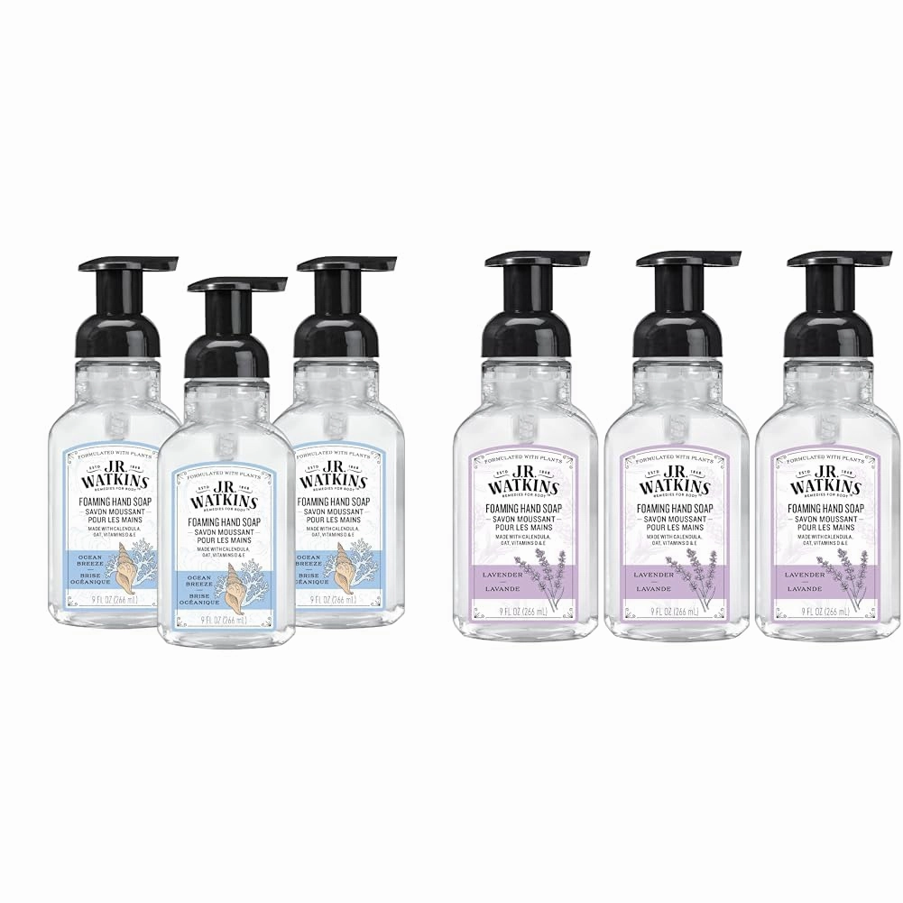 J.R. Watkins Foaming Hand Soap Pump Dispenser, Moisturizing Foam Hand Wash, All Natural, Alcohol-Free, Cruelty-Free, USA Made, Ocean Breeze, Lavender, 9 fl oz, 3 Pack