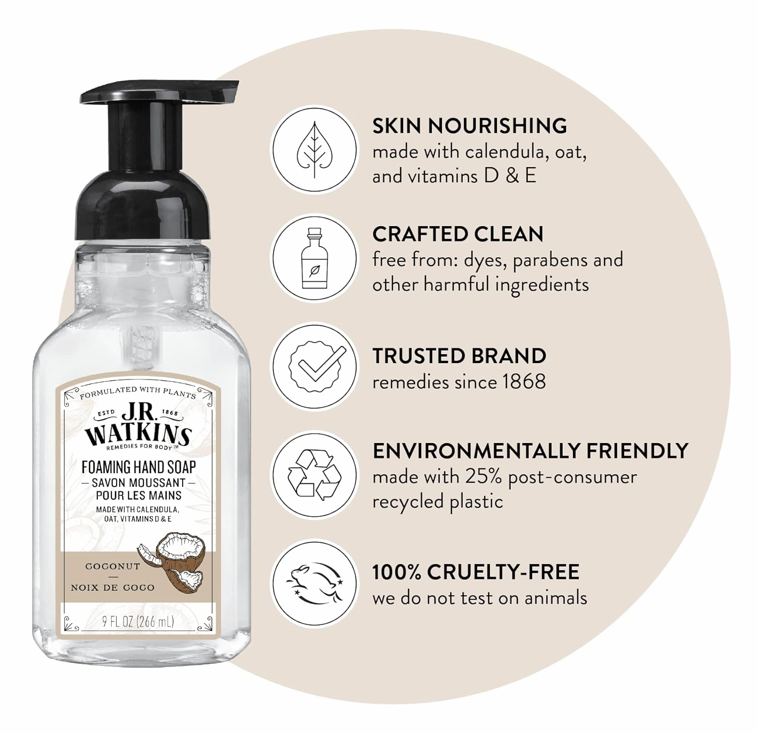 J.R. Watkins Foaming Hand Soap Pump with Dispenser, Moisturizing All Natural Hand Soap Foam, Alcohol-Free, Cruelty-Free, Use for Kitchen or Bathroom, Coconut, 9 fl oz, 3 Pack