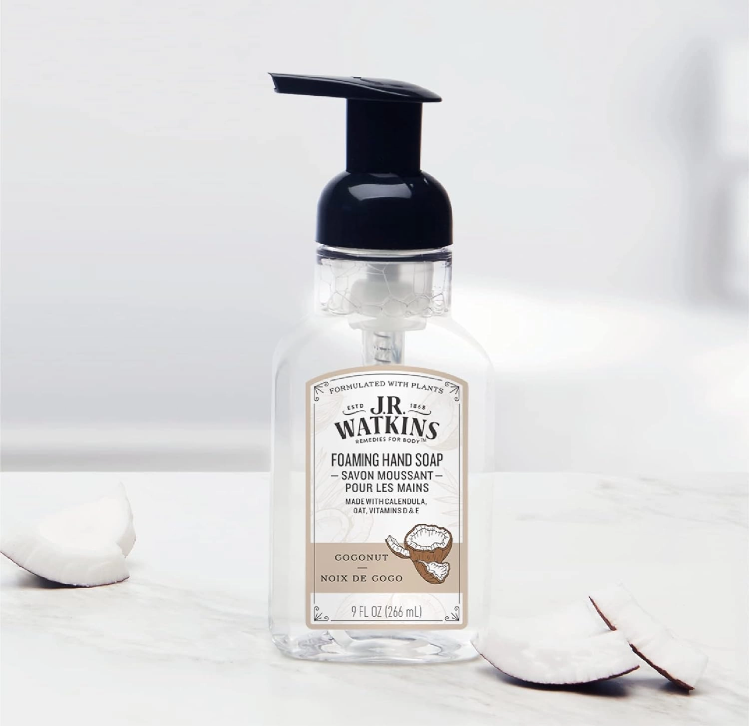J.R. Watkins Foaming Hand Soap Pump with Dispenser, Moisturizing All Natural Hand Soap Foam, Alcohol-Free, Cruelty-Free, Use for Kitchen or Bathroom, Coconut, 9 fl oz, 3 Pack