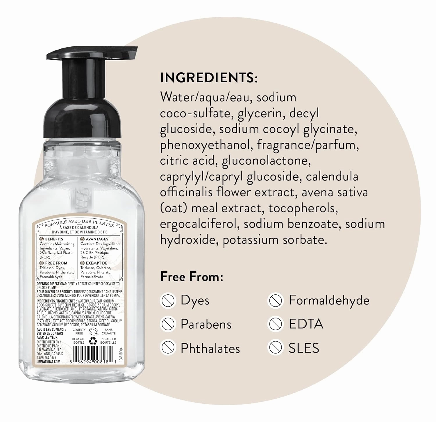 J.R. Watkins Foaming Hand Soap Pump with Dispenser, Moisturizing All Natural Hand Soap Foam, Alcohol-Free, Cruelty-Free, Use for Kitchen or Bathroom, Coconut, 9 fl oz, 3 Pack