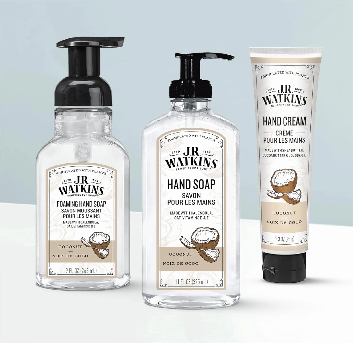 J.R. Watkins Foaming Hand Soap Pump with Dispenser, Moisturizing All Natural Hand Soap Foam, Alcohol-Free, Cruelty-Free, Use for Kitchen or Bathroom, Coconut, 9 fl oz, 3 Pack