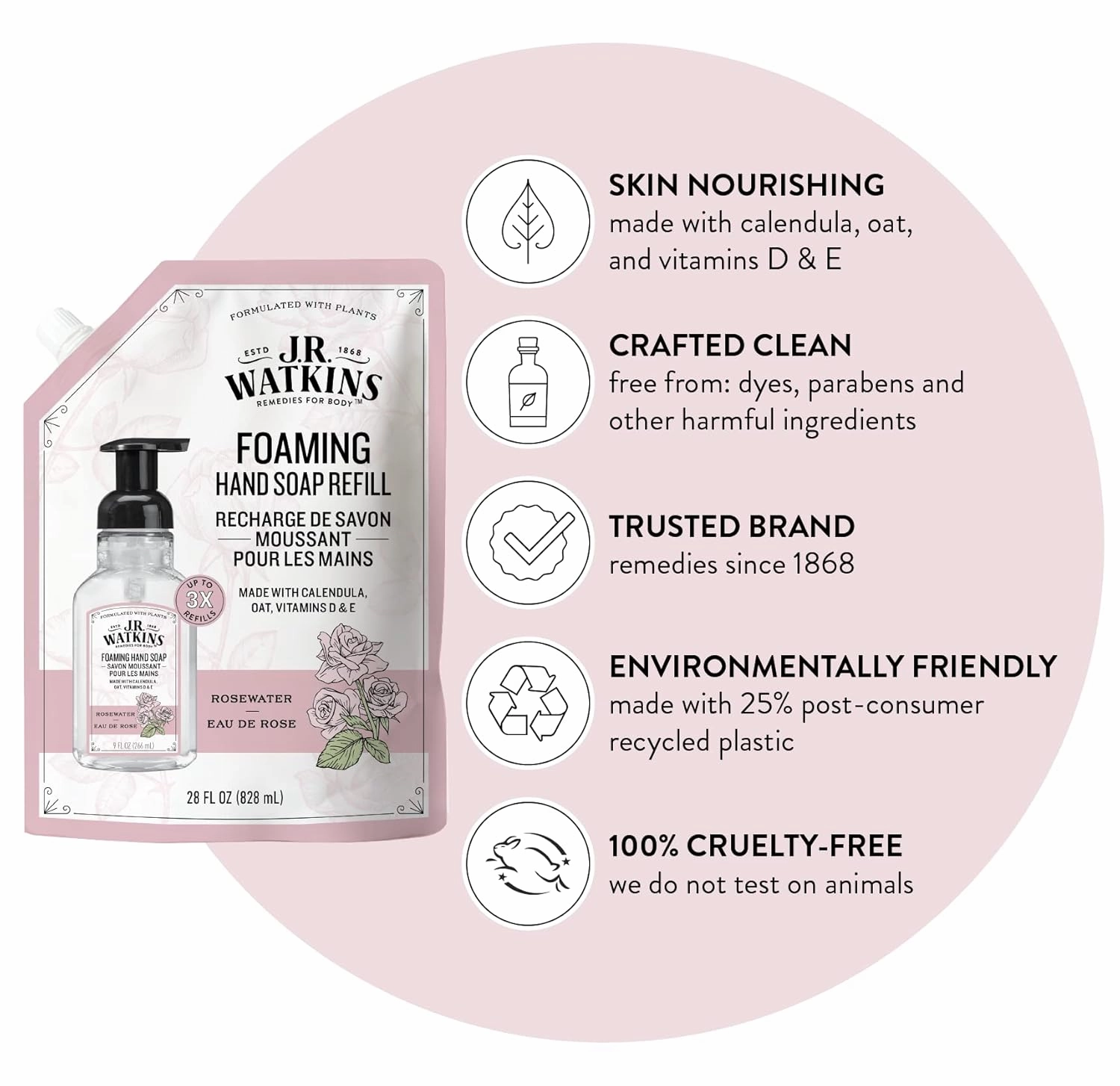 J.R. Watkins Foaming Hand Soap Refills, All Natural, Alcohol-Free Hand Wash, Cruelty-Free, Moisturizing Soap Refill for Bathroom or Kitchen, Rosewater, 28 fl oz Foam Refill, 3 Pack