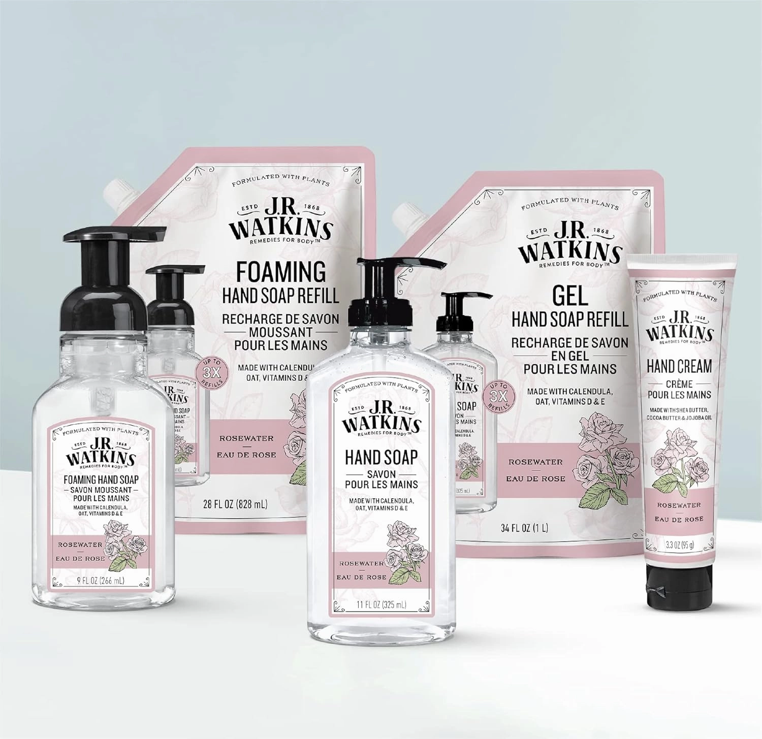 J.R. Watkins Foaming Hand Soap Refills, All Natural, Alcohol-Free Hand Wash, Cruelty-Free, Moisturizing Soap Refill for Bathroom or Kitchen, Rosewater, 28 fl oz Foam Refill, 3 Pack