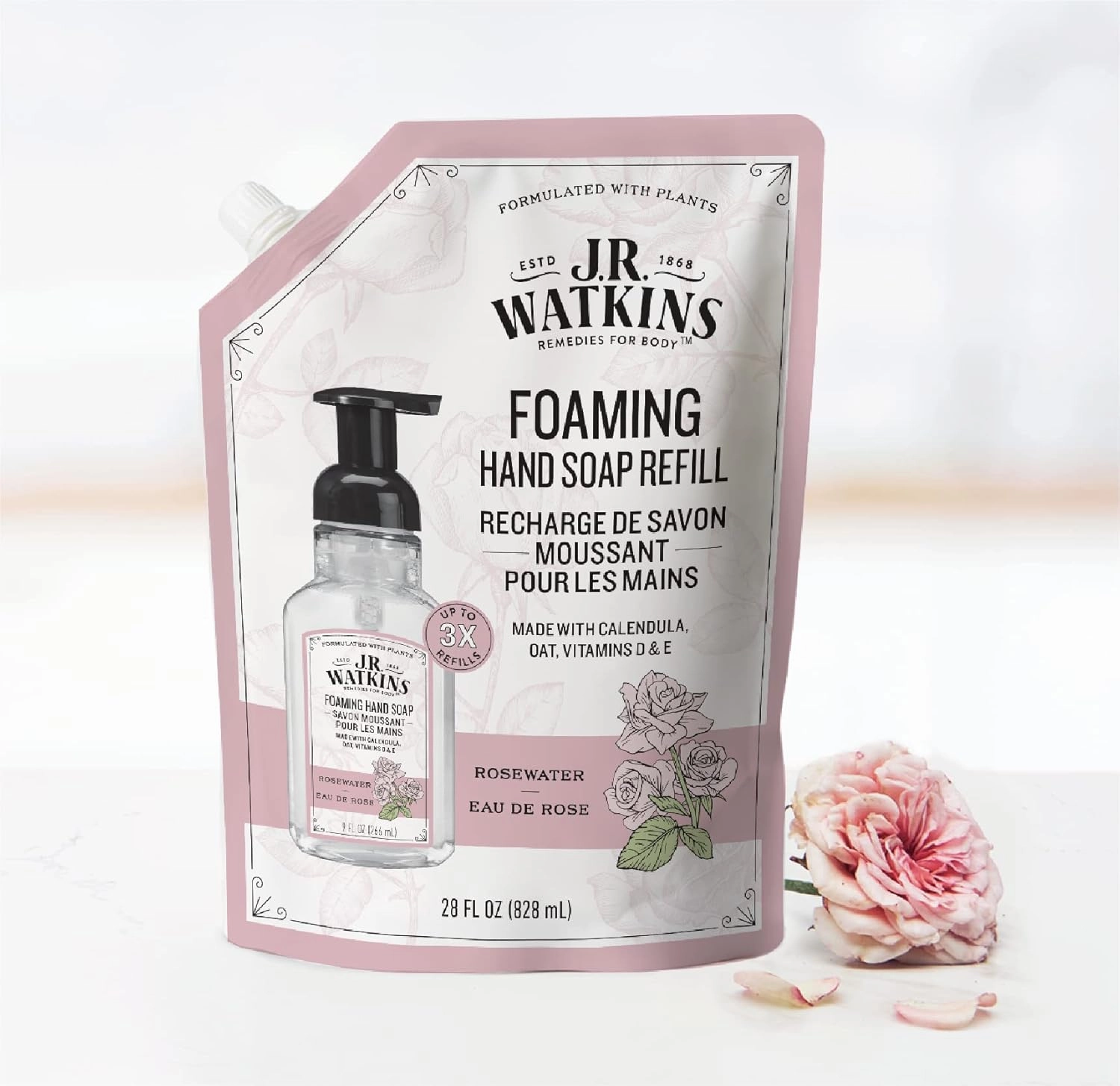J.R. Watkins Foaming Hand Soap Refills, All Natural, Alcohol-Free Hand Wash, Cruelty-Free, Moisturizing Soap Refill for Bathroom or Kitchen, Rosewater, 28 fl oz Foam Refill, 3 Pack