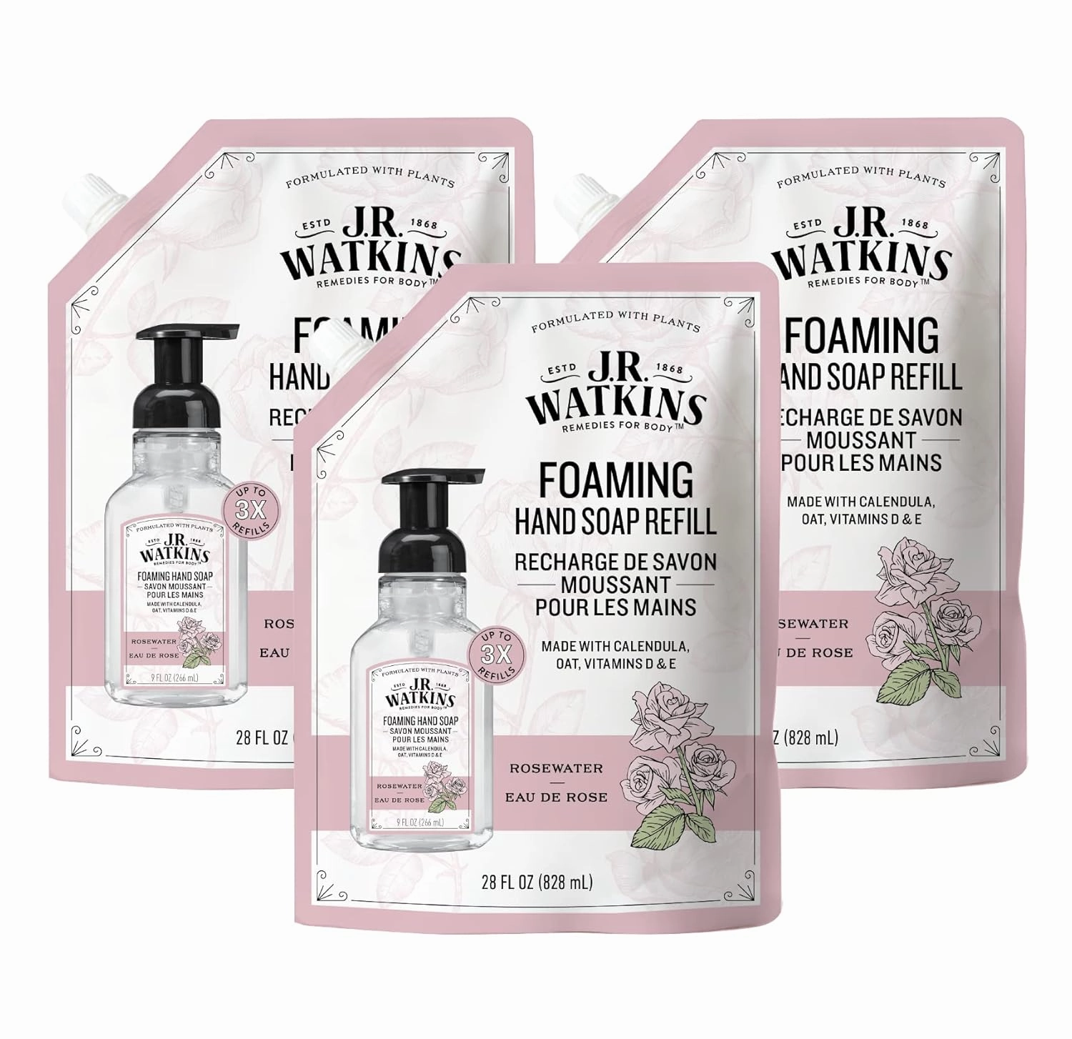 J.R. Watkins Foaming Hand Soap Refills, All Natural, Alcohol-Free Hand Wash, Cruelty-Free, Moisturizing Soap Refill for Bathroom or Kitchen, Rosewater, 28 fl oz Foam Refill, 3 Pack