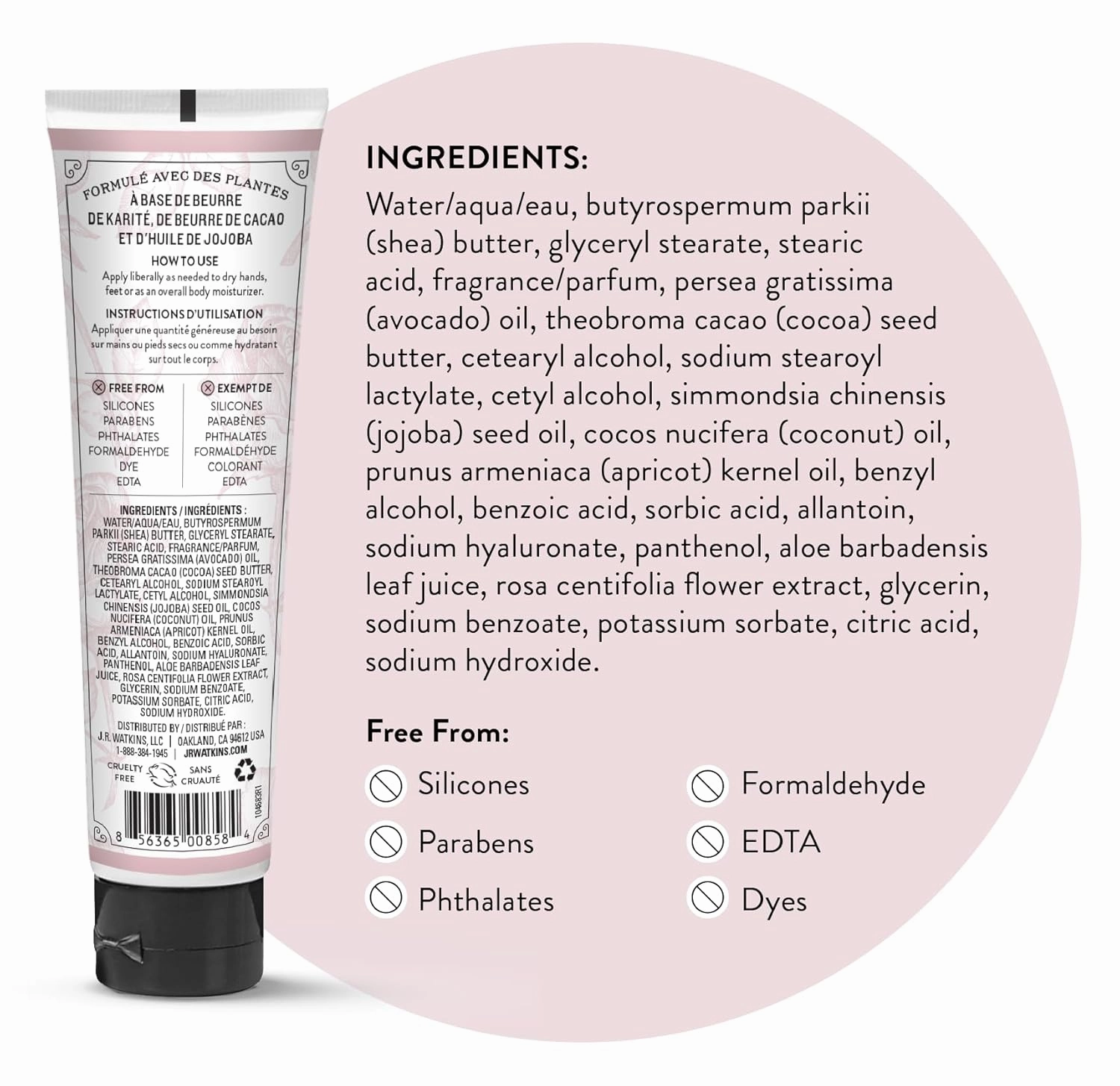 J.R. Watkins Natural Moisturizing Hand Cream, Hydrating Hand Moisturizer with Shea Butter, Cocoa Butter, and Avocado Oil, Cruelty Free, 3.3oz, Rosewater, 3 Pack
