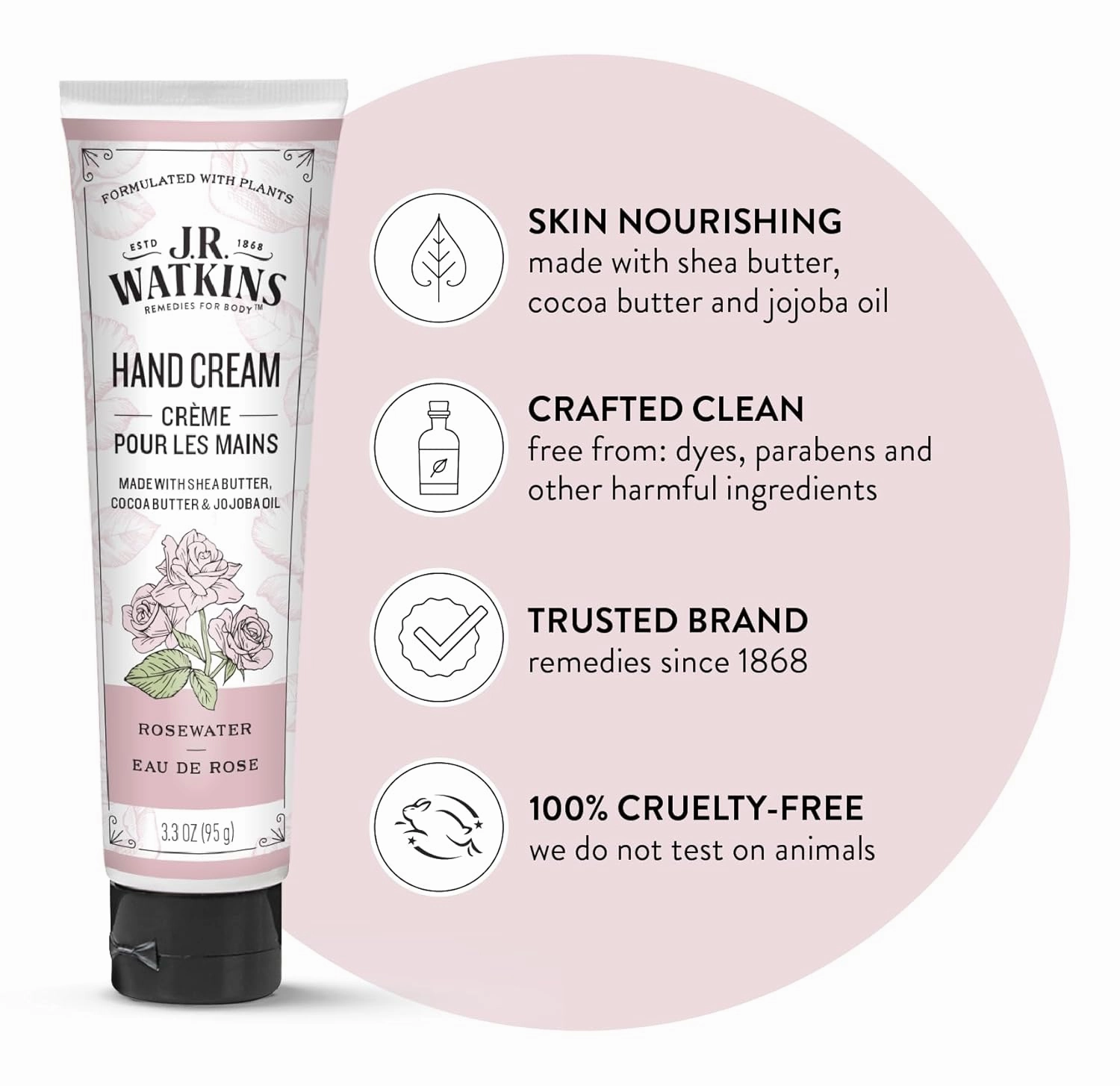 J.R. Watkins Natural Moisturizing Hand Cream, Hydrating Hand Moisturizer with Shea Butter, Cocoa Butter, and Avocado Oil, Cruelty Free, 3.3oz, Rosewater, 3 Pack