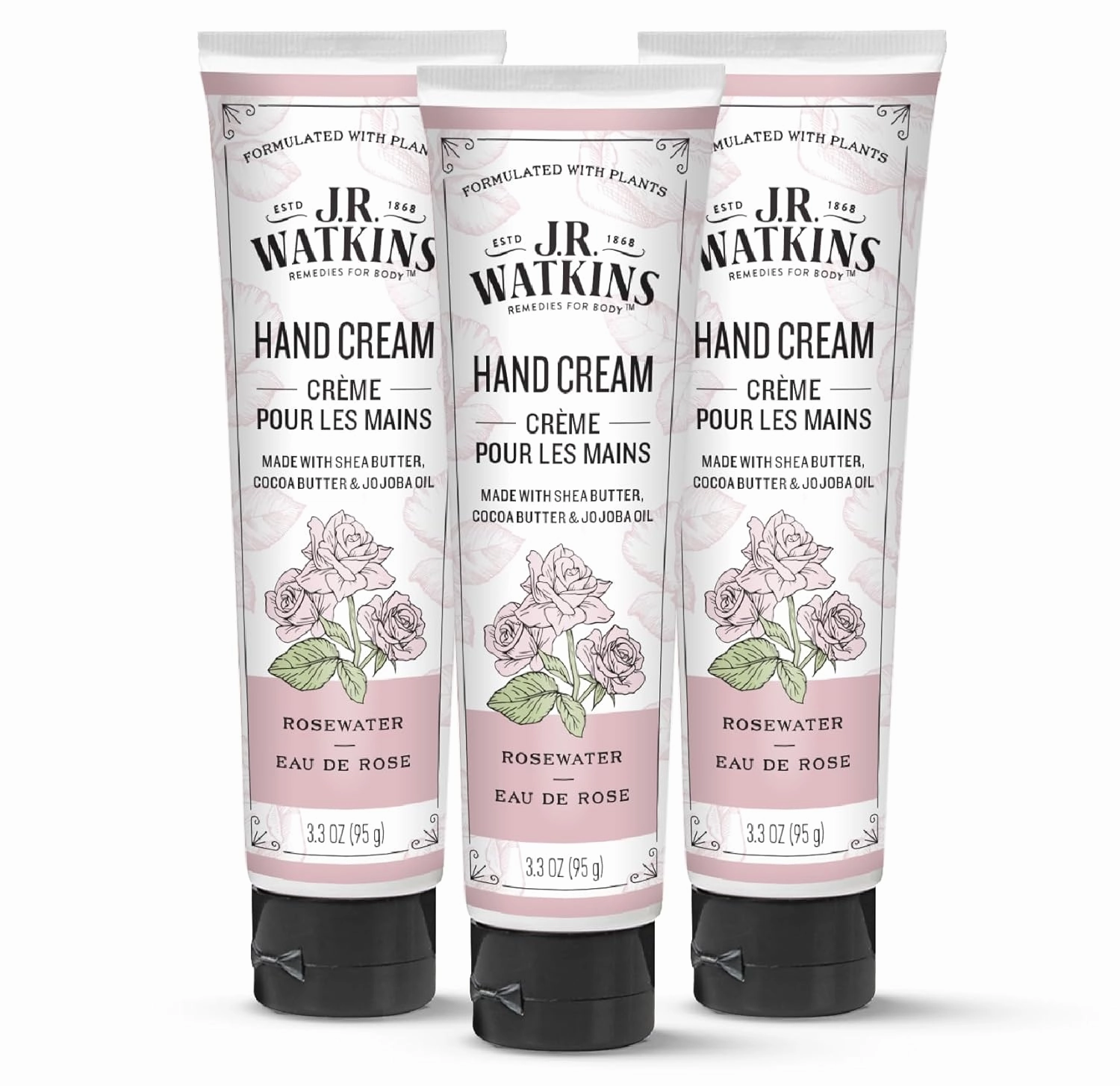 J.R. Watkins Natural Moisturizing Hand Cream, Hydrating Hand Moisturizer with Shea Butter, Cocoa Butter, and Avocado Oil, Cruelty Free, 3.3oz, Rosewater, 3 Pack