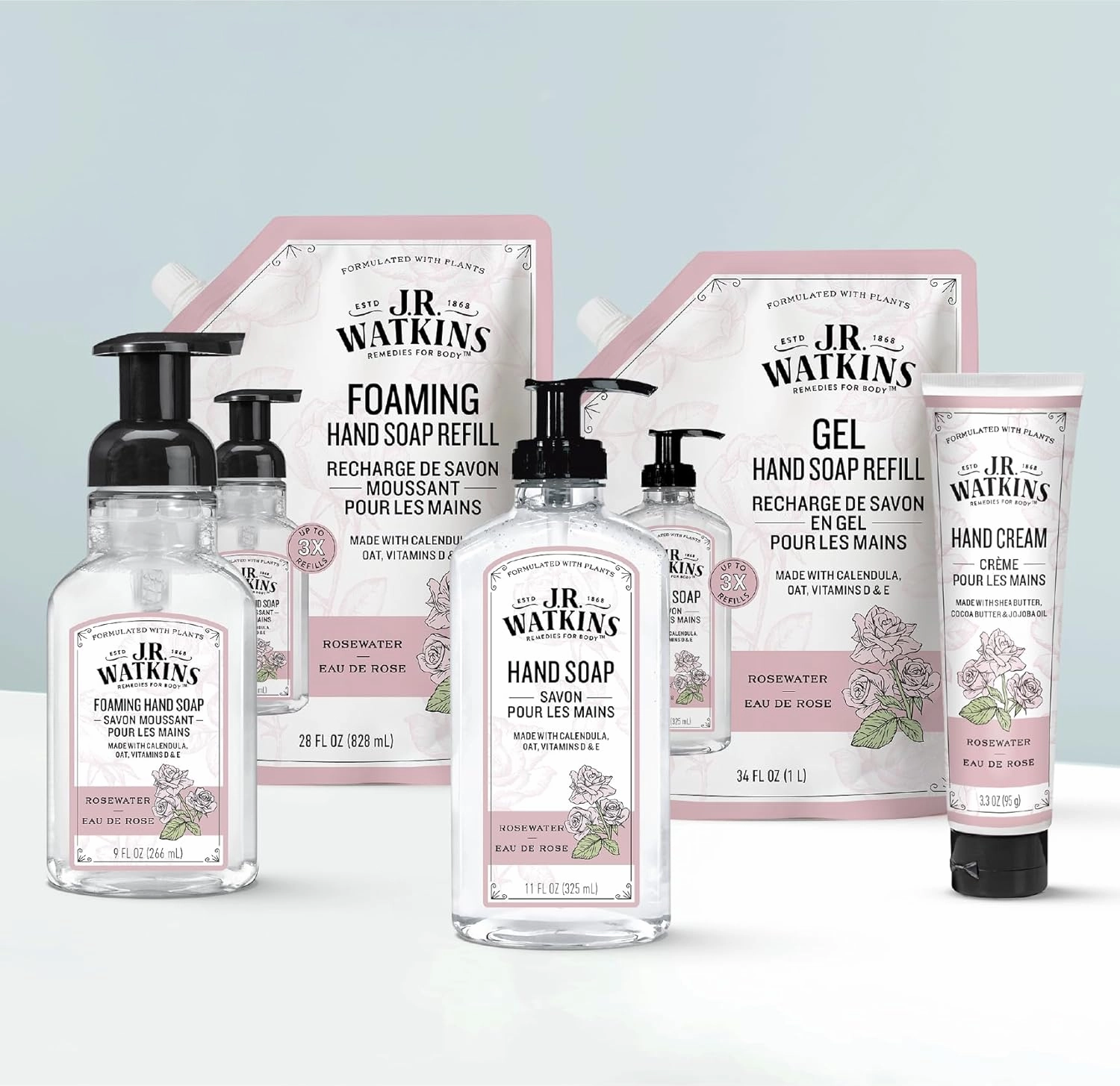 J.R. Watkins Natural Moisturizing Hand Cream, Hydrating Hand Moisturizer with Shea Butter, Cocoa Butter, and Avocado Oil, Cruelty Free, 3.3oz, Rosewater, 3 Pack
