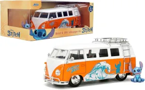 Jada Hollywood Rides Disney Stitch Volkswagen Bus – 1:24 Scale Die-Cast Model with Opening Doors & Die-Cast Stitch Figure – Toy for Collectors & Kids Ages 8  – Orange & White