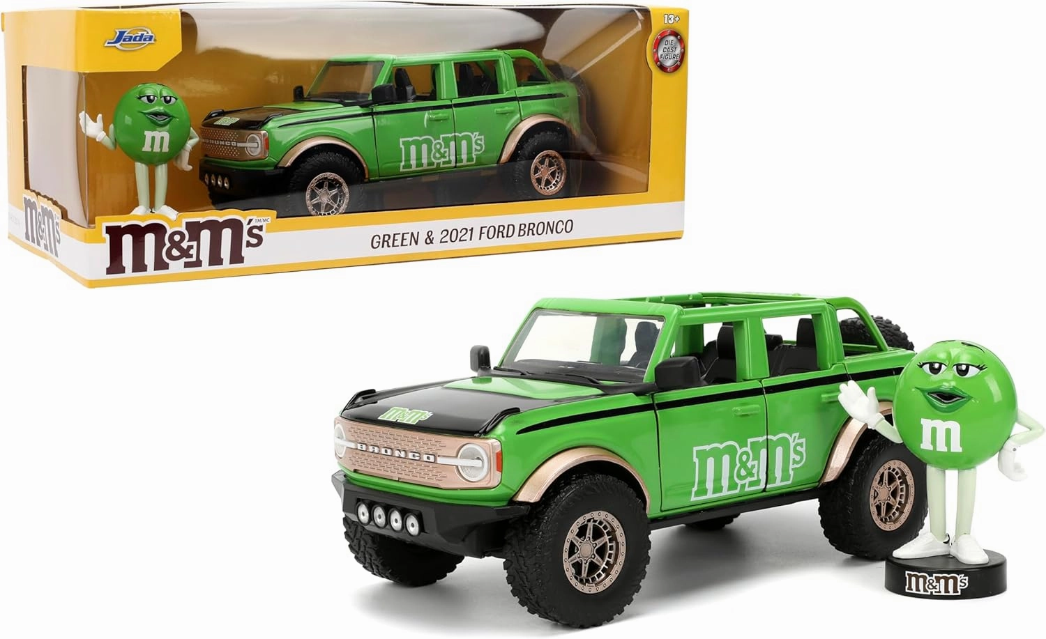 Jada Hollywood Rides M&M'S 2021 Ford Bronco with Green M&M'S Metal Figure - Die-cast Car with Opening Doors, 1:24 Scale, Ages 8 , Collectible Toy for Kids and Adults