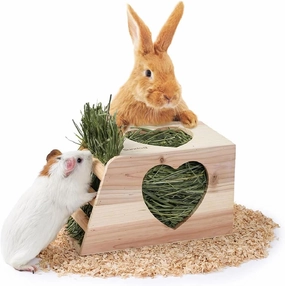 JanYoo Hay Feeder for Rabbits Wooden Holder for Cage Large Rack Hanging Food Manager Less Waste Dispenser Bunny Accessories