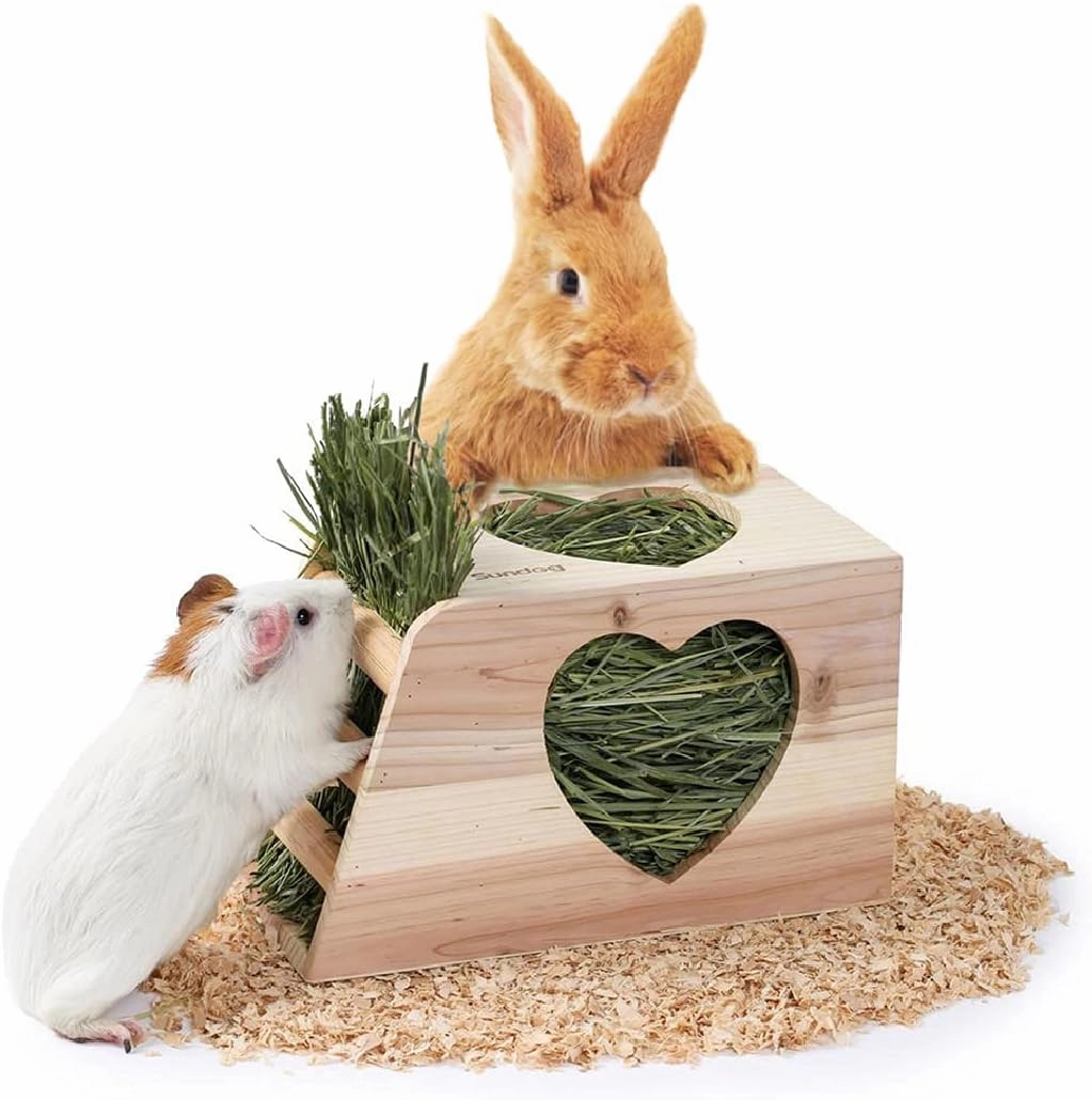 JanYoo Hay Feeder for Rabbits Wooden Holder for Cage Large Rack Hanging Food Manager Less Waste Dispenser Bunny Accessories