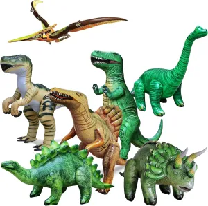 Jet Creations 7-PK Inflatable Dinosaurs, T-Rex(37"), Brachiosaurus(28"), Triceratops(20"), Stegosaurus(20"), Raptor(30"), Pteranodon(57"), Spinosaurus(31"), Prehistoric Animal Party Décor, Photo Prop