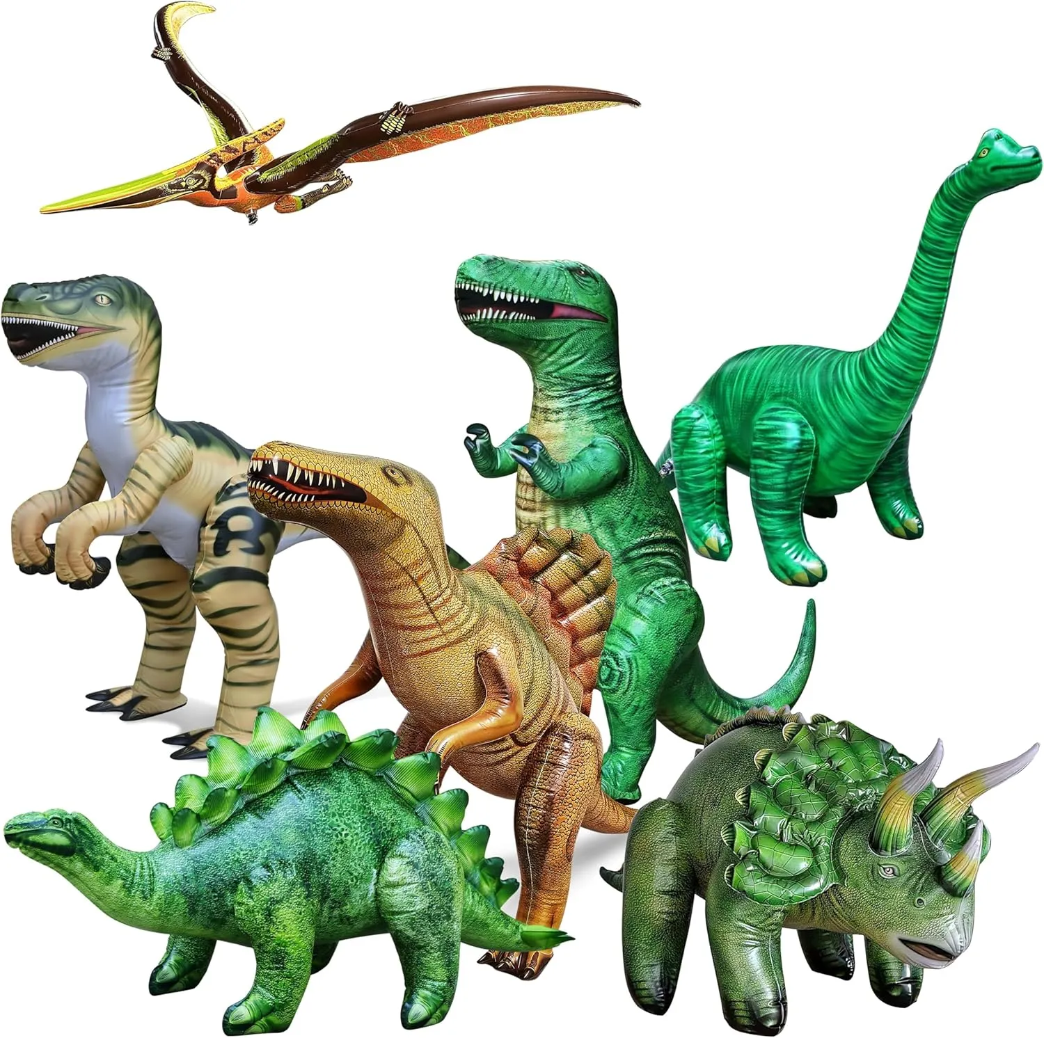 Jet Creations 7-PK Inflatable Dinosaurs, T-Rex(37"), Brachiosaurus(28"), Triceratops(20"), Stegosaurus(20"), Raptor(30"), Pteranodon(57"), Spinosaurus(31"), Prehistoric Animal Party Décor, Photo Prop