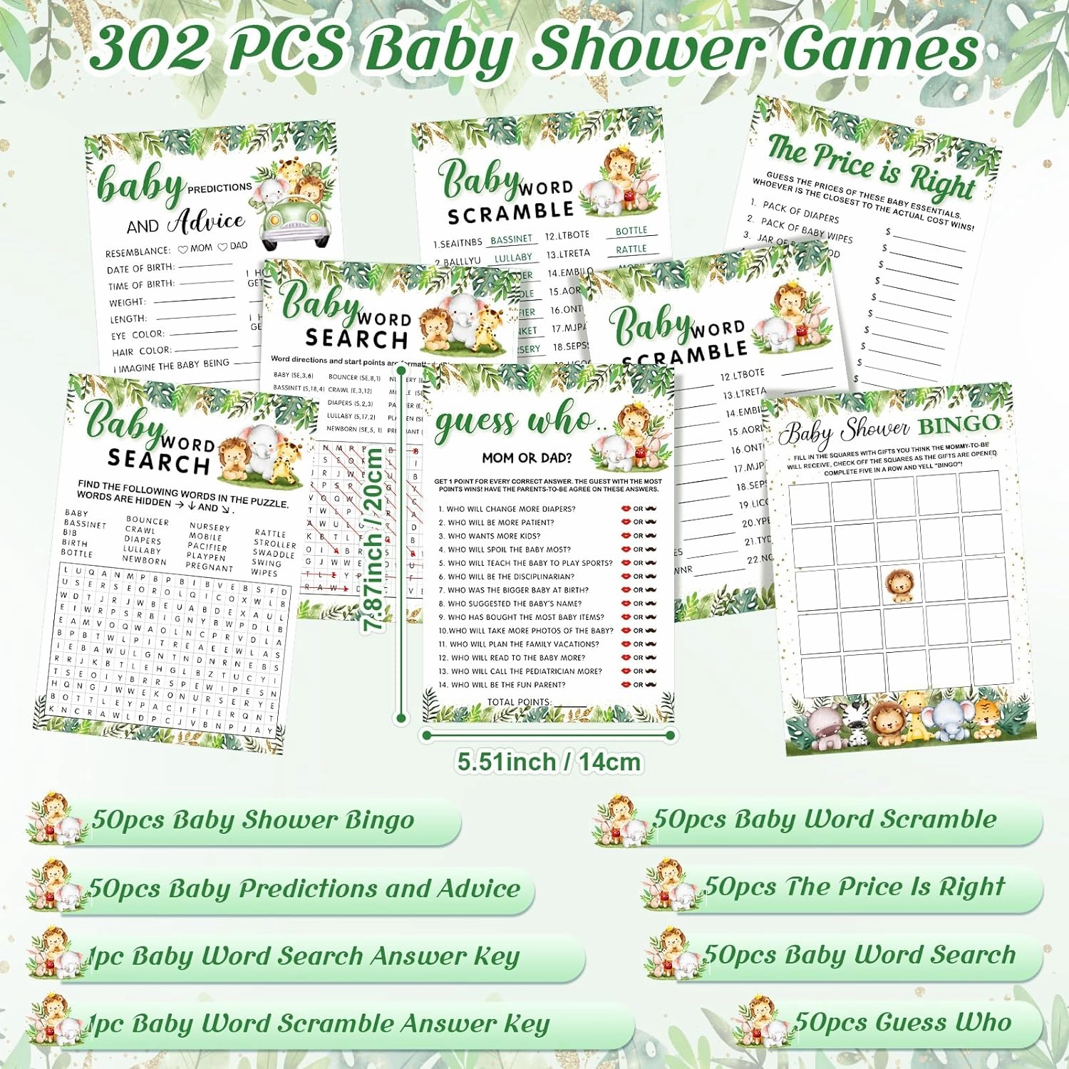 Jetec 302 Pcs Safari Animal Theme Baby Shower Games, 6 Games, 50 Sheets Each, Shower Party Bingo, Word Scramble, Baby Word Search, Predictions and Advice, The Price is Right, Guess Who