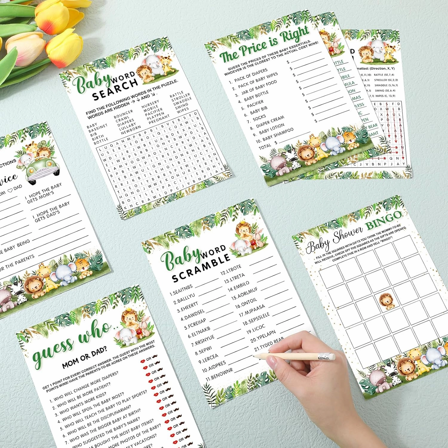 Jetec 302 Pcs Safari Animal Theme Baby Shower Games, 6 Games, 50 Sheets Each, Shower Party Bingo, Word Scramble, Baby Word Search, Predictions and Advice, The Price is Right, Guess Who