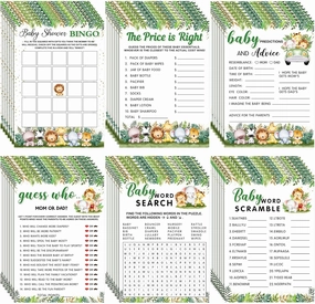 Jetec 302 Pcs Safari Animal Theme Baby Shower Games, 6 Games, 50 Sheets Each, Shower Party Bingo, Word Scramble, Baby Word Search, Predictions and Advice, The Price is Right, Guess Who
