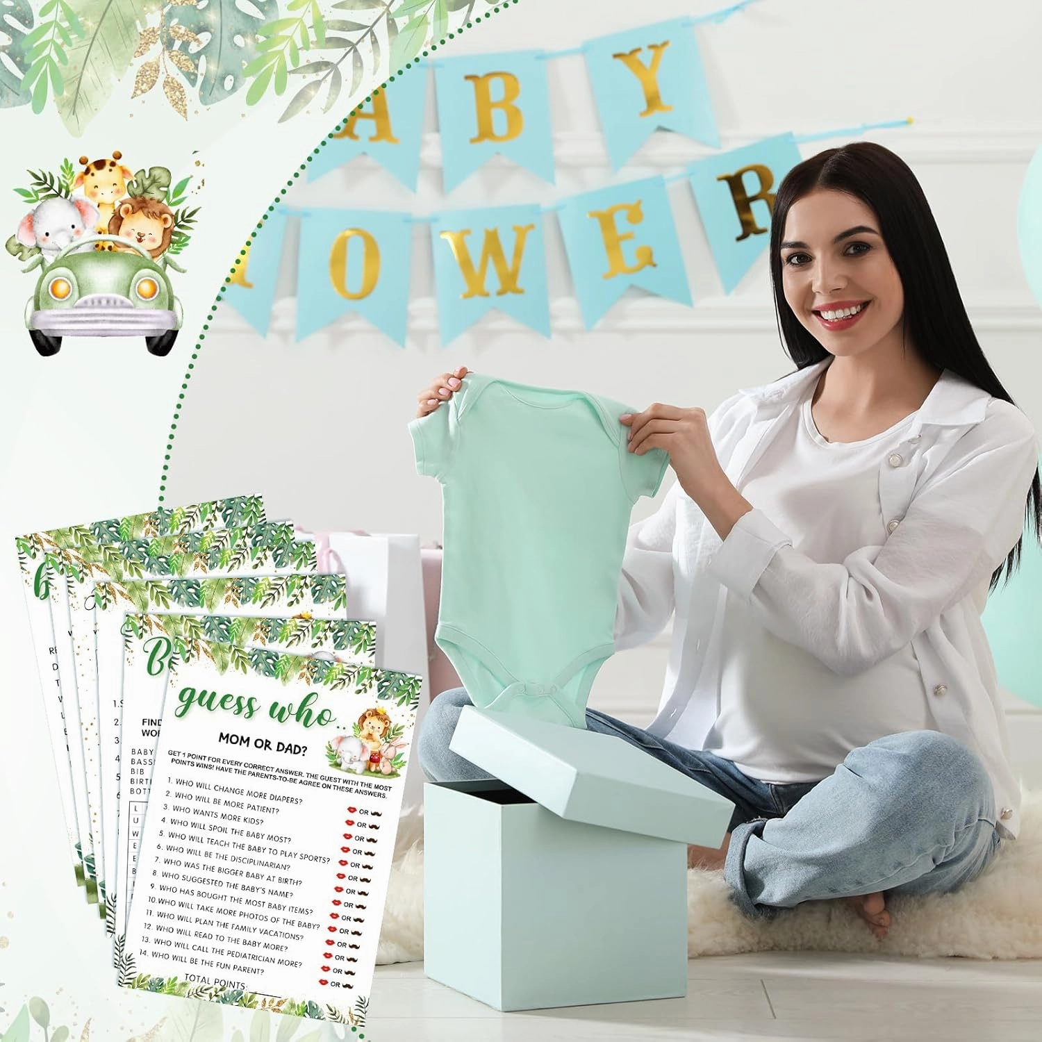 Jetec 302 Pcs Safari Animal Theme Baby Shower Games, 6 Games, 50 Sheets Each, Shower Party Bingo, Word Scramble, Baby Word Search, Predictions and Advice, The Price is Right, Guess Who