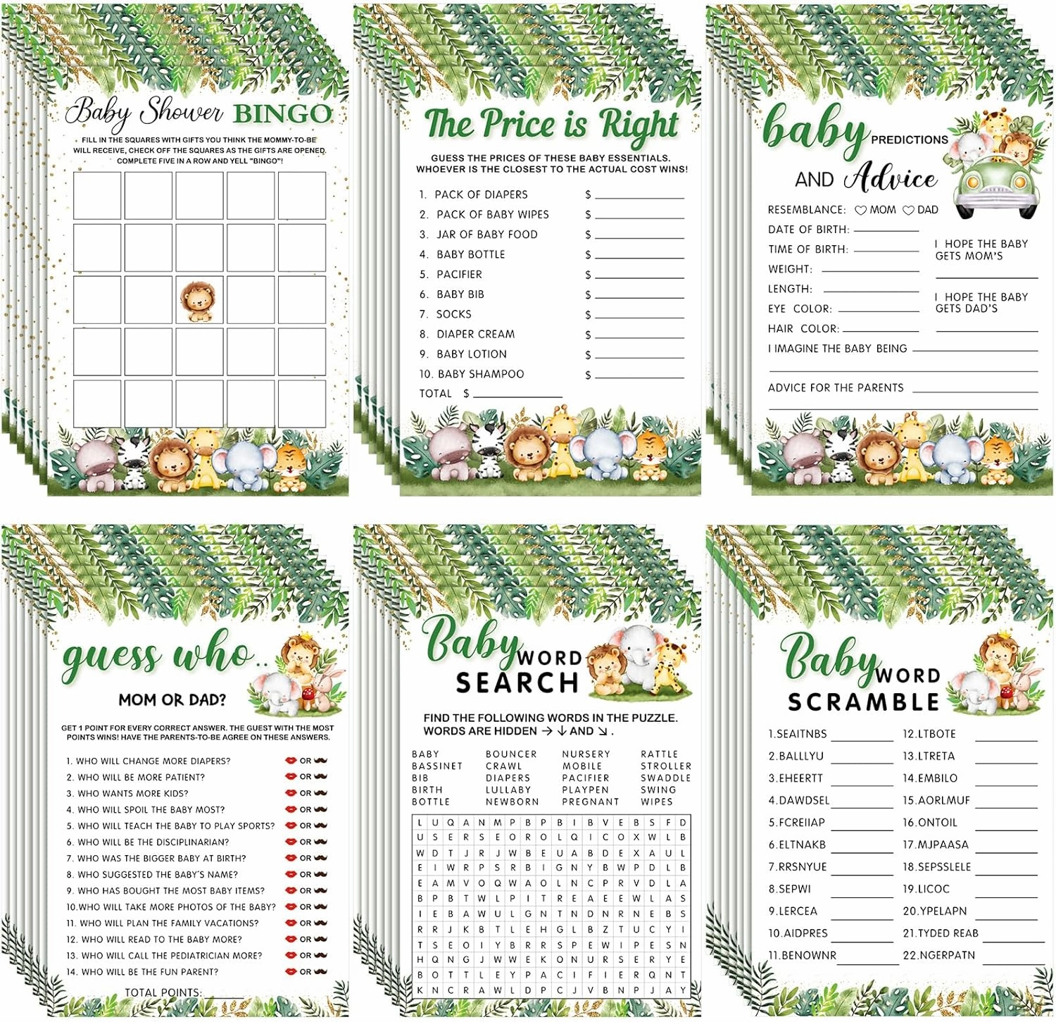 Jetec 302 Pcs Safari Animal Theme Baby Shower Games, 6 Games, 50 Sheets Each, Shower Party Bingo, Word Scramble, Baby Word Search, Predictions and Advice, The Price is Right, Guess Who