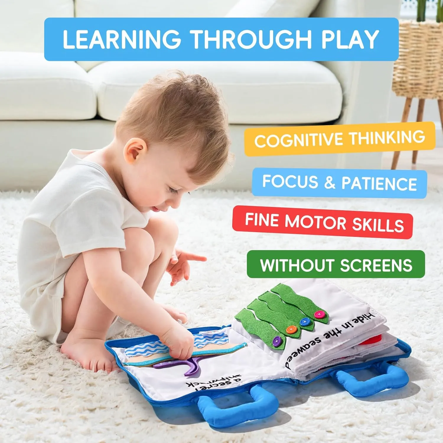 Jollybaby Quiet Book for Toddlers - Montessori Basic Skills Activity Toys - Preschool Learning Soft Travel Toy & Sensory Educational Busy Book for 1-3 Year Old Boys & Girls   Zipper Bag(Wathet)