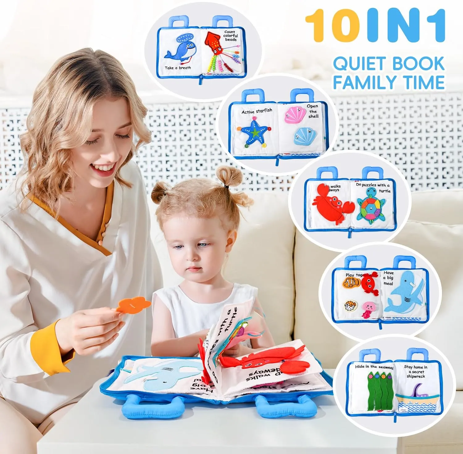Jollybaby Quiet Book for Toddlers - Montessori Basic Skills Activity Toys - Preschool Learning Soft Travel Toy & Sensory Educational Busy Book for 1-3 Year Old Boys & Girls   Zipper Bag(Wathet)