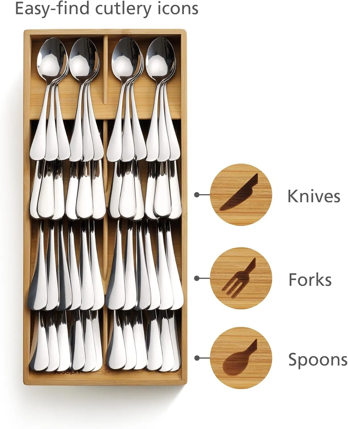 Joseph Joseph Drawer Store - Large Compact Cutlery Drawer Organizer, 8 compartments, Holds 48 Pieces, Bamboo