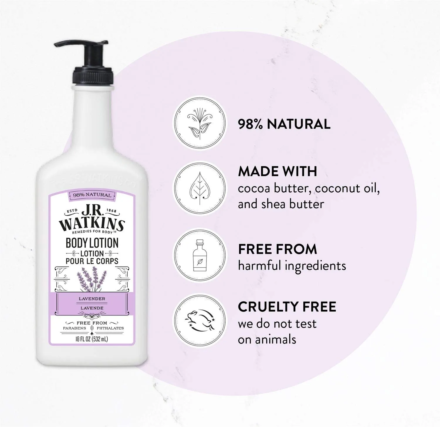 J.R. Watkins Daily Moisturizing Lotion â€“ Body Cream in Pump Dispenser â€“ Hydrating Skin Cream Made with Shea Butter, Cocoa Butter, Coconut Oil & Vitamin E, Lavender, 18 fl oz, 6 Pack
