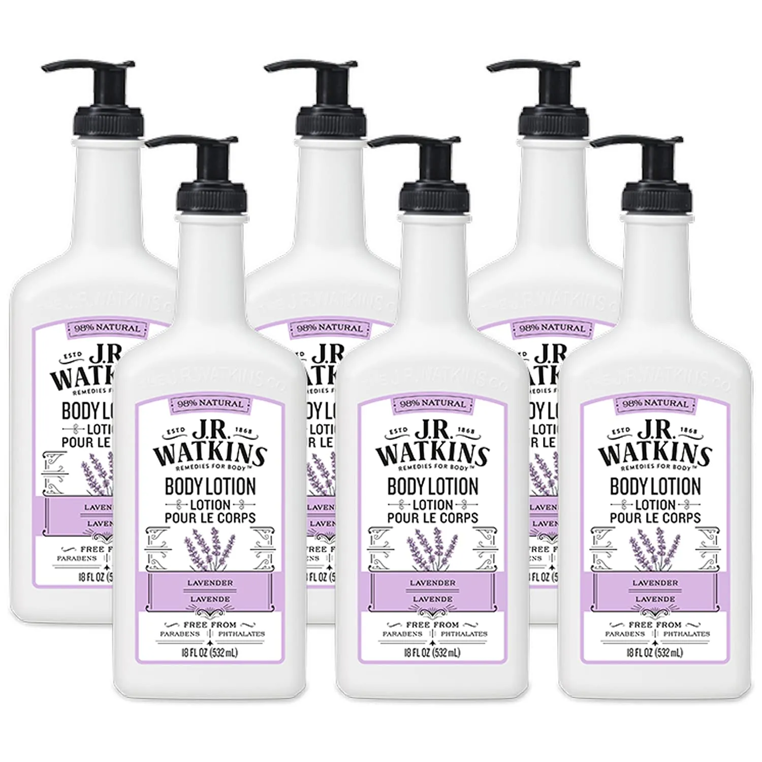 J.R. Watkins Daily Moisturizing Lotion â€“ Body Cream in Pump Dispenser â€“ Hydrating Skin Cream Made with Shea Butter, Cocoa Butter, Coconut Oil & Vitamin E, Lavender, 18 fl oz, 6 Pack