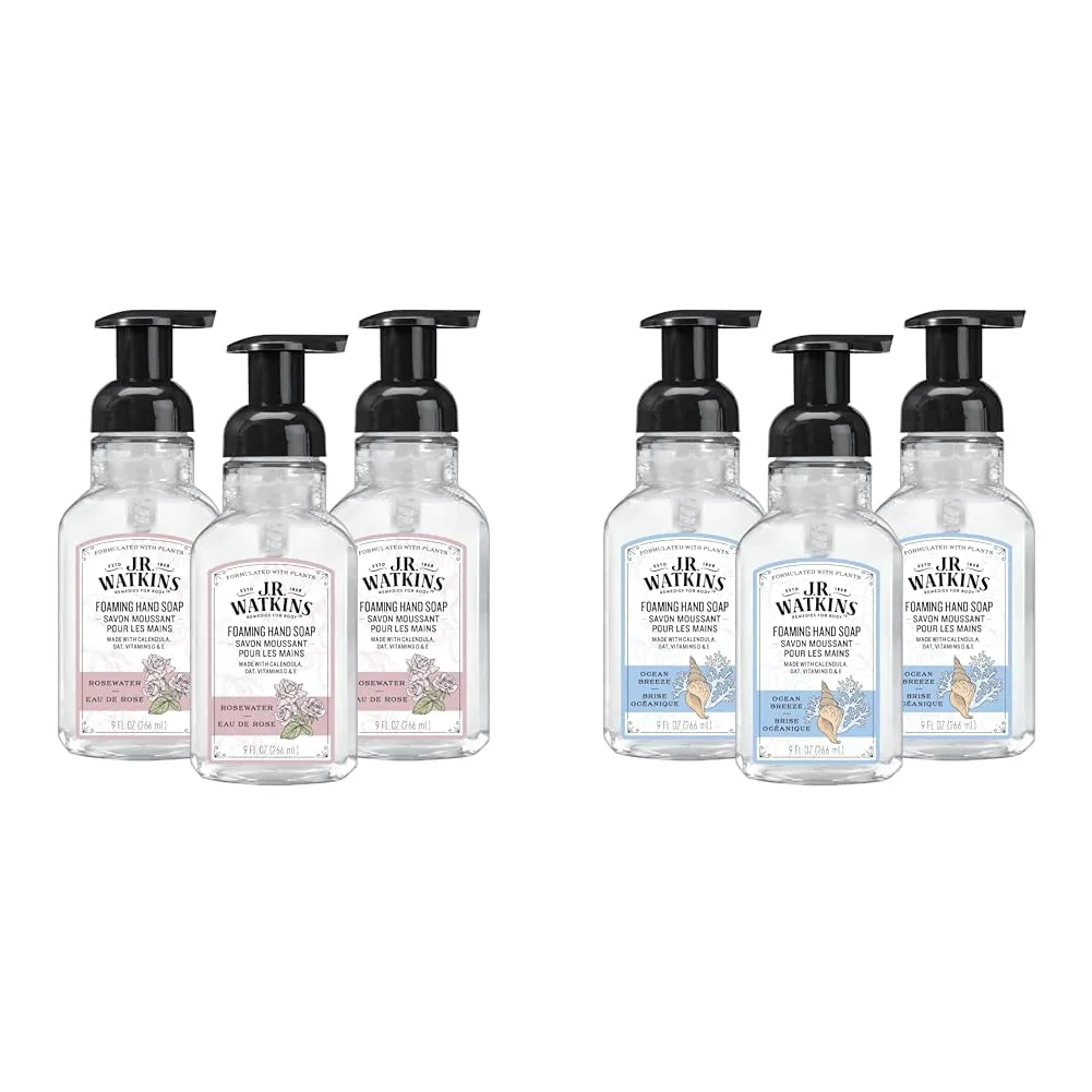 J.R. Watkins Foaming Hand Soap, Moisturizing Foam Hand Wash, All Natural, Alcohol-Free, Cruelty-Free, USA Made, Rosewater, 9 fl oz, 3 Pack and Ocean Breeze, 9 fl oz, 3 Pack Bundle