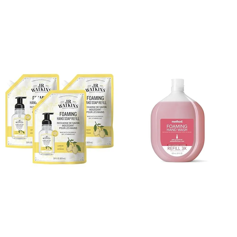 J.R. Watkins Foaming Hand Soap Refill, Moisturizing Foam Hand Wash, All Natural, Alcohol-Free & Method Foaming Hand Soap, Refill, Pink Grapefruit, Recyclable Bottle, Biodegradable Formula, 28 oz