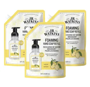 J.R. Watkins Foaming Hand Soap Refill, Moisturizing Foam Hand Wash, All Natural, Alcohol-Free, Cruelty-Free, USA Made, Lemon, 28 fl oz, 3 Pack