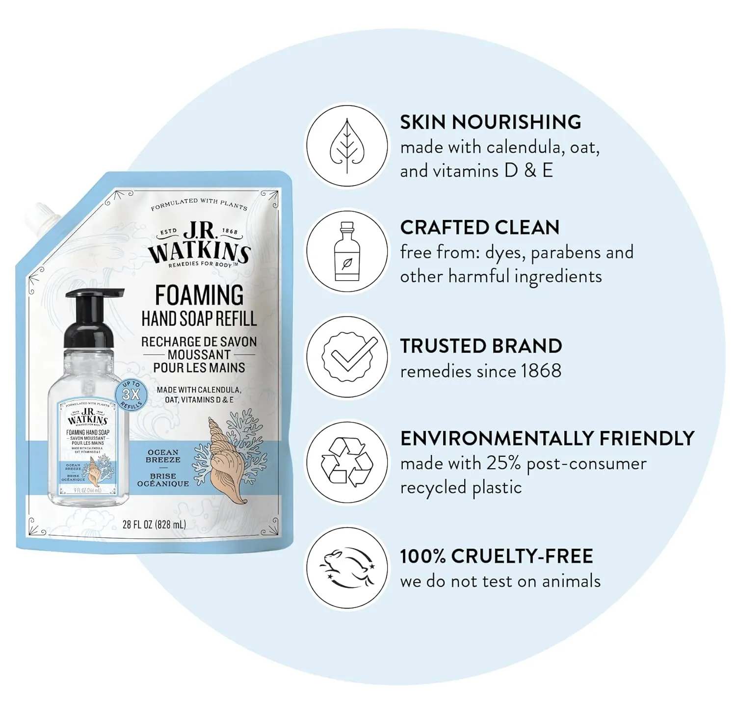 J.R. Watkins Foaming Hand Soap Refill, Moisturizing Foam Hand Wash, All Natural, Alcohol-Free, Cruelty-Free, USA Made, Ocean Breeze, 28 fl oz, 3 Pack