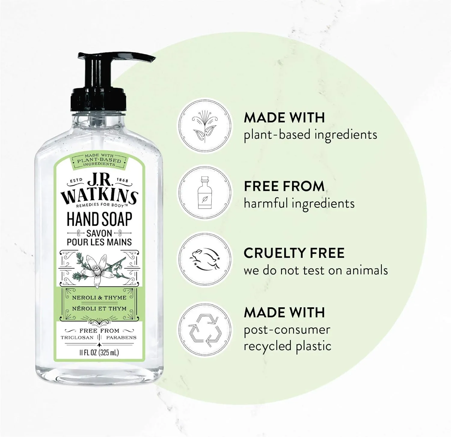 J.R. Watkins Gel Hand Soap, Scented Liquid Hand Wash for Bathroom or Kitchen, USA Made and Cruelty Free, 11 fl oz, Neroli & Thyme, 6 Pack