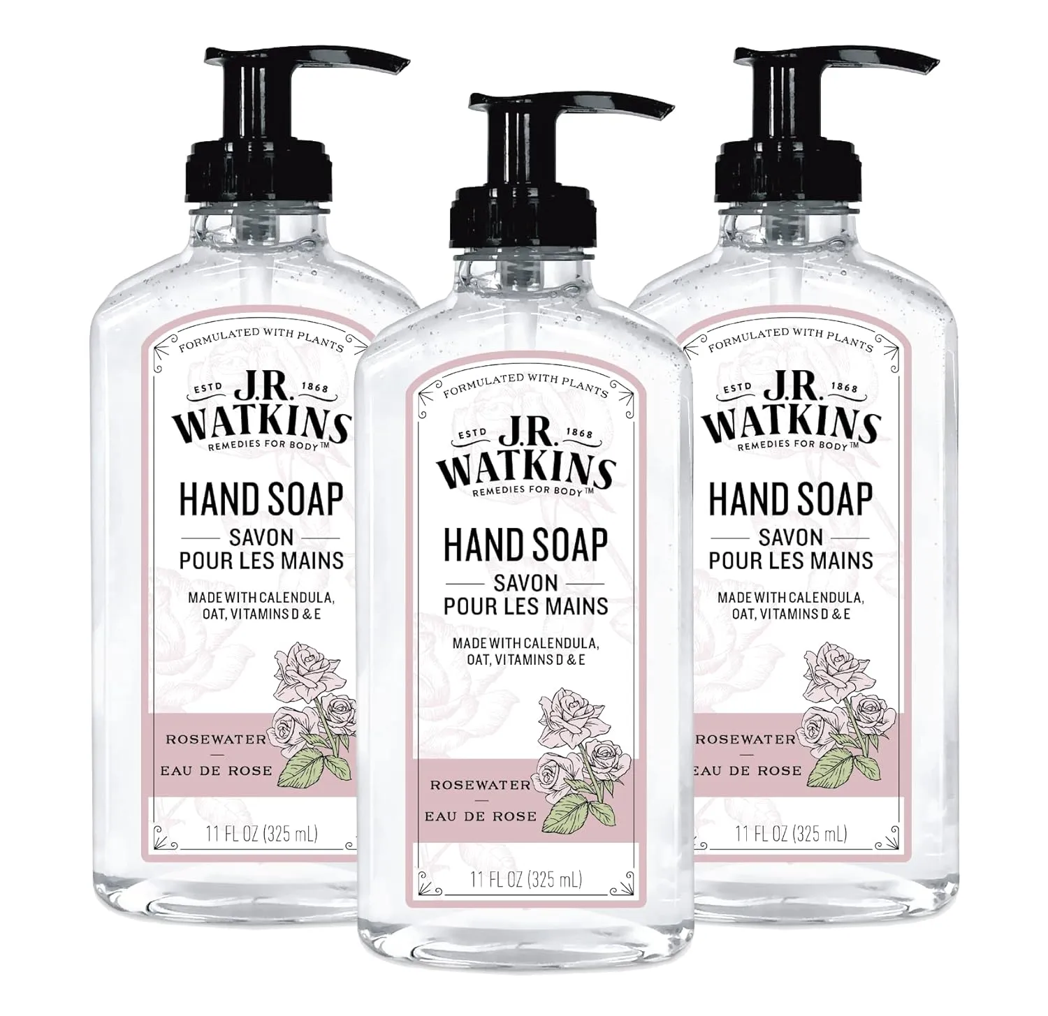 J.R. Watkins Gel Hand Soap With Dispenser, Moisturizing Hand Wash, All Natural, Alcohol-Free, Cruelty-Free, USA Made, Rosewater, 11 Fl Oz (Pack of 3)