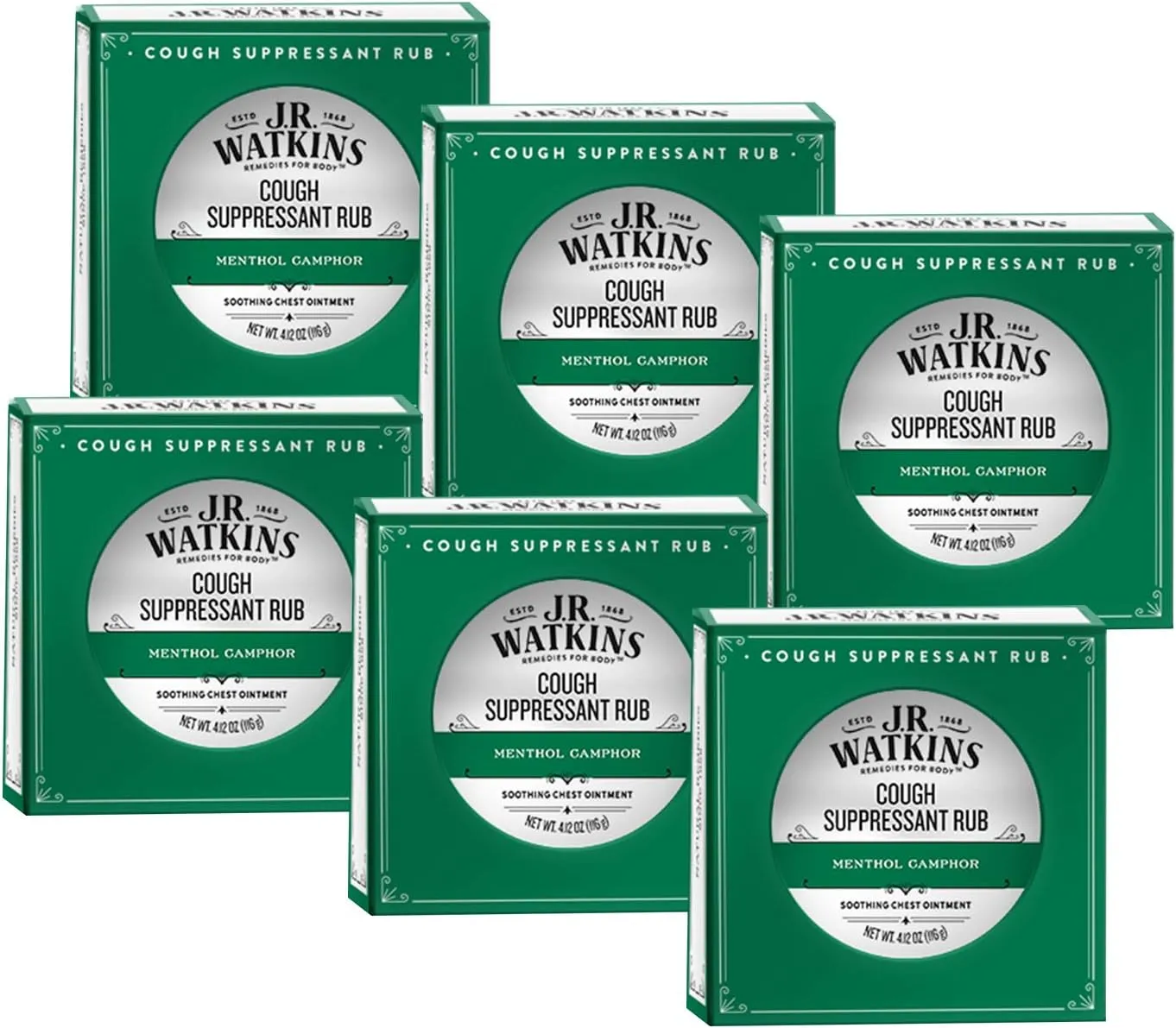 J.R. Watkins Menthol Camphor Cough Suppressant – Vapor Rub Relieves Congestion – Medicated Vapors for Soothing Relief – Topical Chest Rub, 4.13 oz, 6 Pack