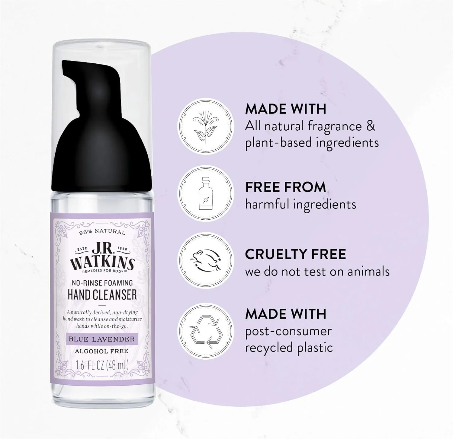 J.R. Watkins No-Rinse Foaming Hand Cleanser – Hand Soap in Pump Dispenser – Bathroom & Kitchen Foam Cleaner – All Natural, Alcohol Free, Blue Lavender, 1.6 fl. Oz., Single