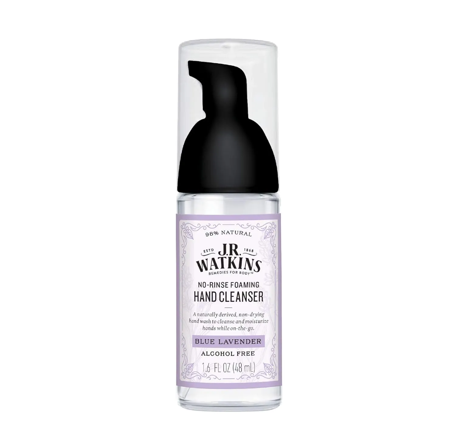 J.R. Watkins No-Rinse Foaming Hand Cleanser – Hand Soap in Pump Dispenser – Bathroom & Kitchen Foam Cleaner – All Natural, Alcohol Free, Blue Lavender, 1.6 fl. Oz., Single