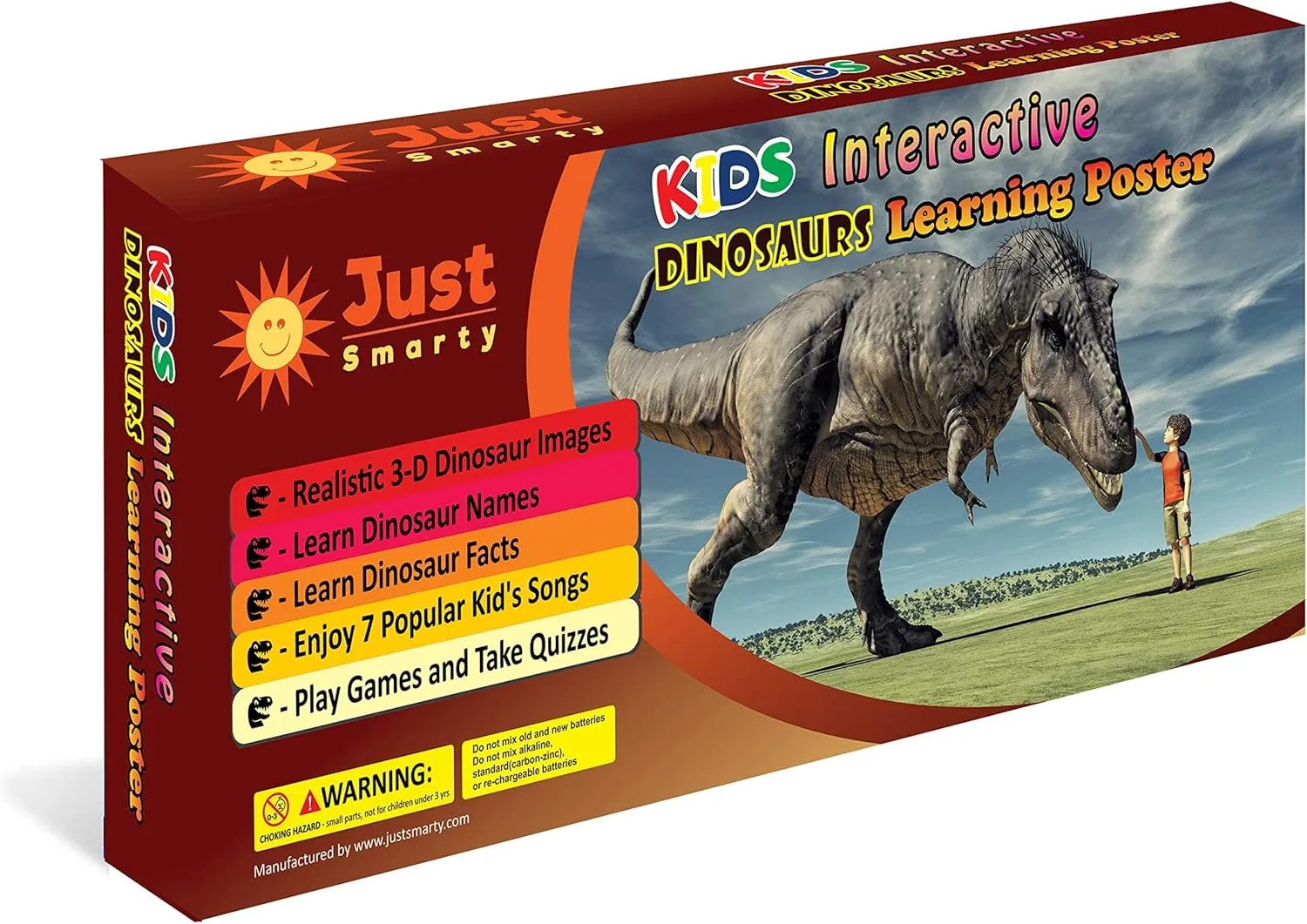 Just Smarty Interactive Dinosaur Toys Learning Poster | Dinosaur Toys for Kids 3-5 | Spinosaurus, Brachiosaurus, Trex, Velociraptor, Ankylosaurus and Other Reptile Toys | Best Dinosaur Party Favors