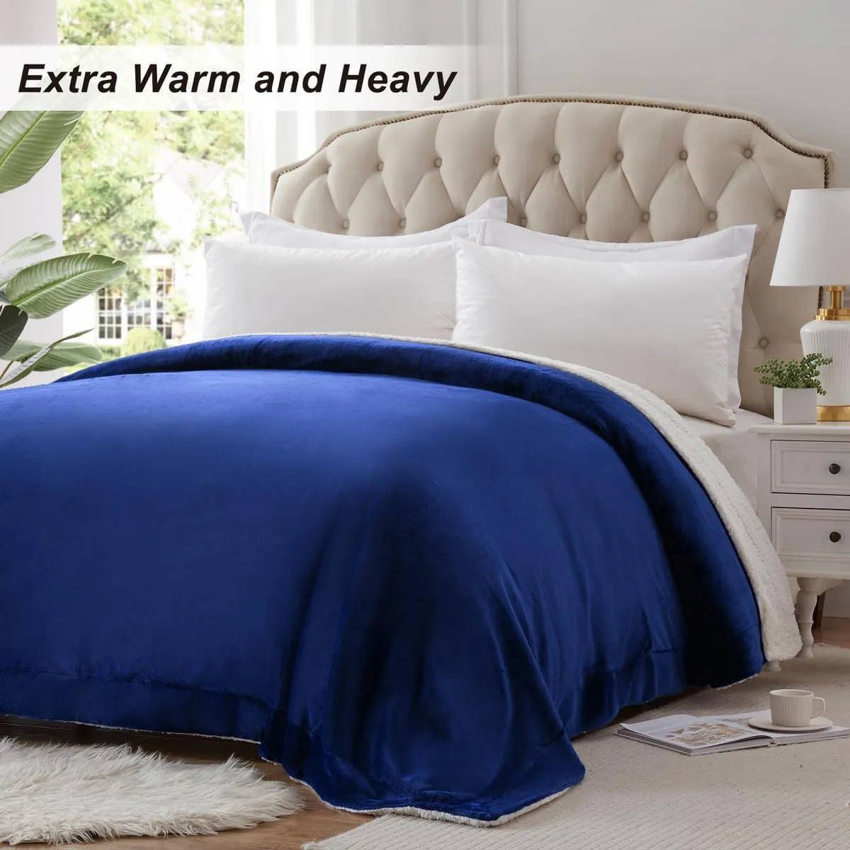 KAWAHOME Sherpa Fleece King Size Blanket for Bed - Extra Warm and Heavy Thick Blankets for Winter, Super Soft 500GSM Plush Blanket, 108" X 90" Navy Blue