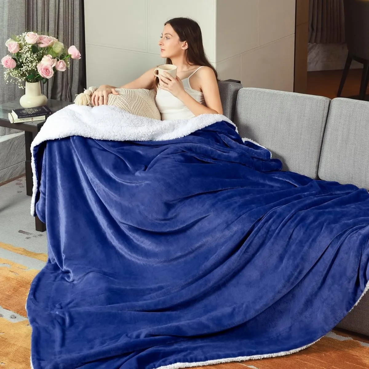 KAWAHOME Sherpa Fleece King Size Blanket for Bed - Extra Warm and Heavy Thick Blankets for Winter, Super Soft 500GSM Plush Blanket, 108" X 90" Navy Blue
