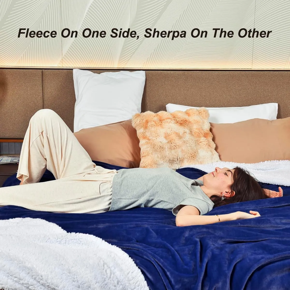 KAWAHOME Sherpa Fleece King Size Blanket for Bed - Extra Warm and Heavy Thick Blankets for Winter, Super Soft 500GSM Plush Blanket, 108" X 90" Navy Blue