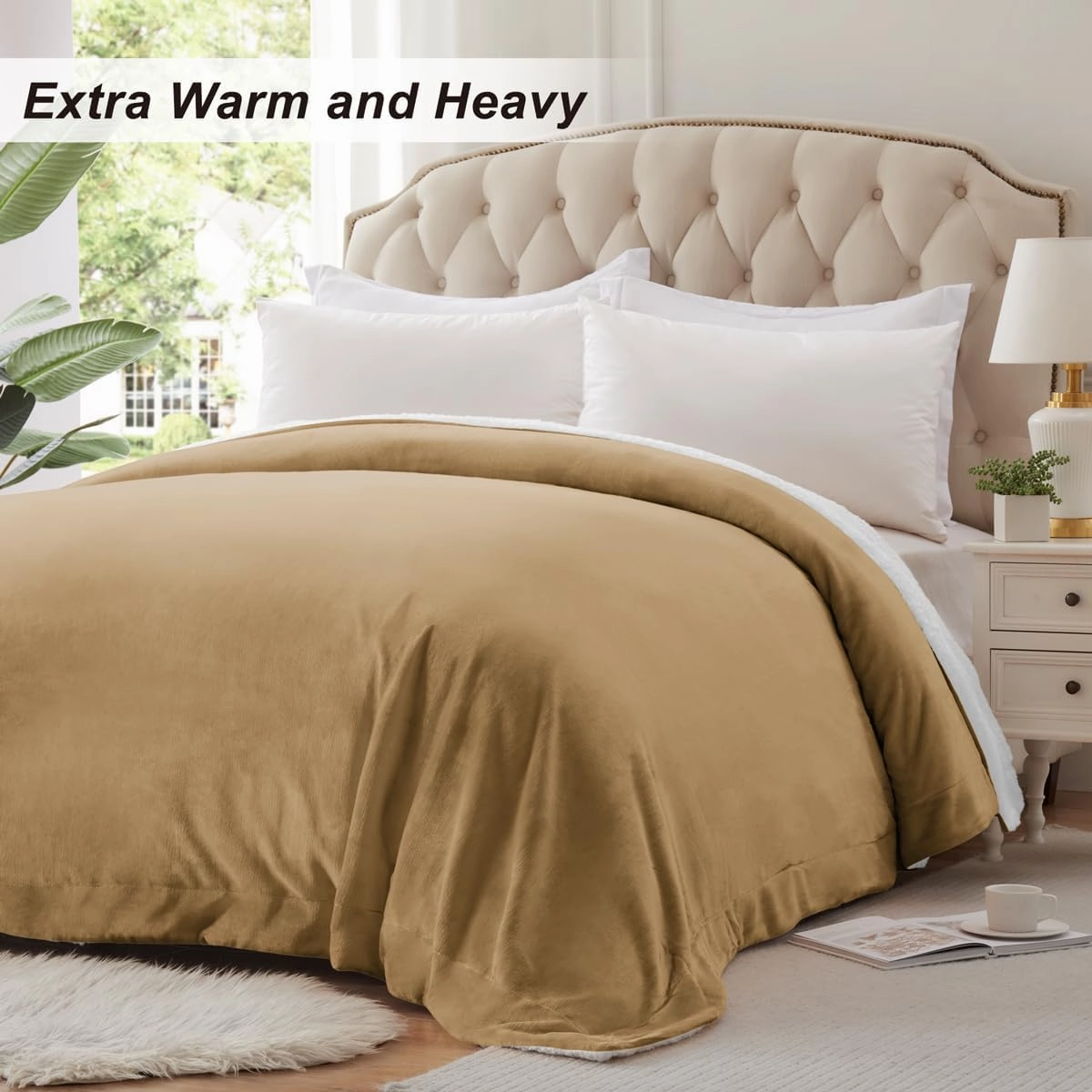 KAWAHOME Sherpa Fleece Queen Size Blanket for Bed - Extra Warm and Heavy Thick Blankets for Winter, Super Soft 500GSM Plush Blanket, 90"X 90" Camel