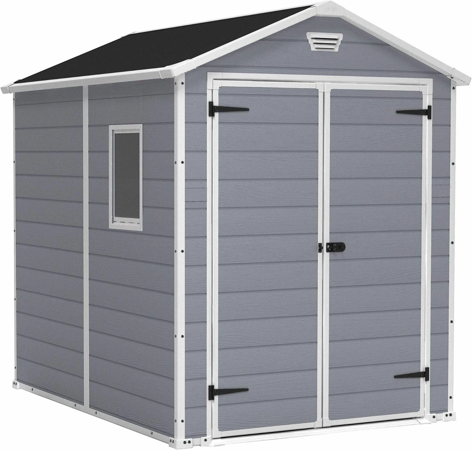 Keter Manor 6x8 Ft All-Weather Heavy-Duty Resin Outdoor Storage Shed with Double Lockable Doors, Floor Panel, & Built-in Ventilation, Light Grey