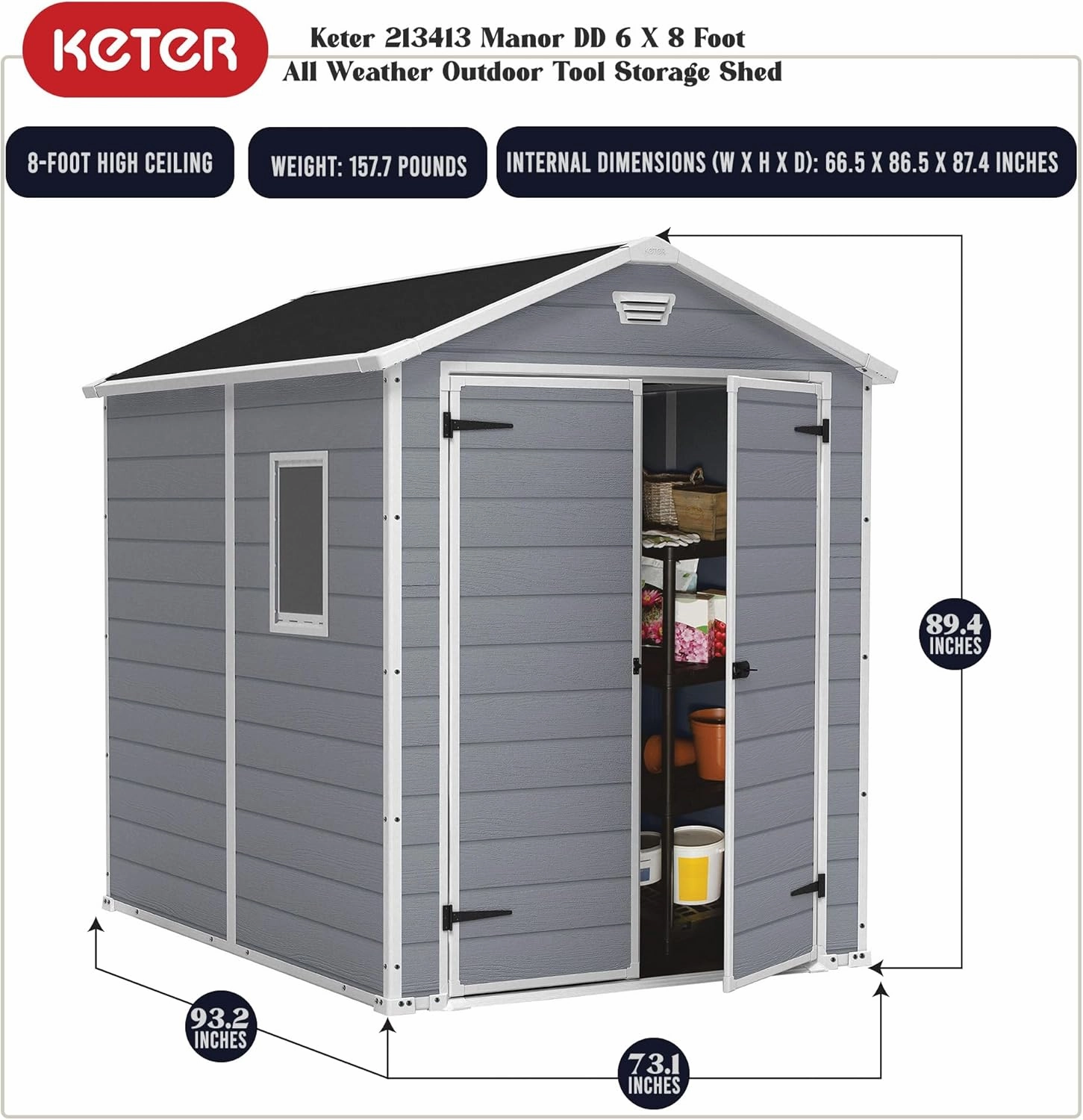 Keter Manor 6x8 Ft All-Weather Heavy-Duty Resin Outdoor Storage Shed with Double Lockable Doors, Floor Panel, & Built-in Ventilation, Light Grey