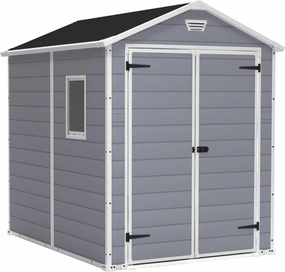 Keter Manor 6x8 Ft All-Weather Heavy-Duty Resin Outdoor Storage Shed with Double Lockable Doors, Floor Panel, & Built-in Ventilation, Light Grey